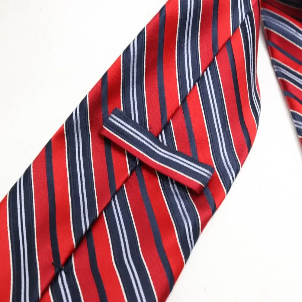 Classic Power Tie Mens 58 in Silk Red White Blue Diagonal Pin Stripe Wide